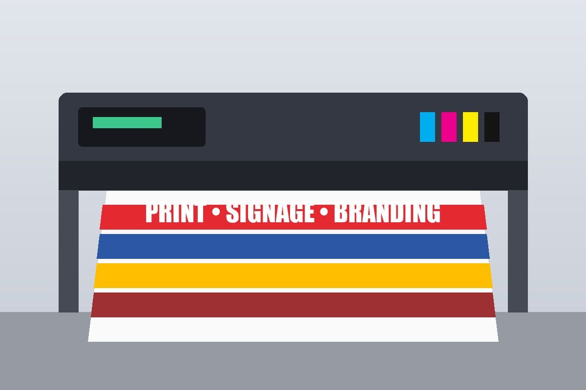Wide-format printer producing colourful printed media in a print workshop