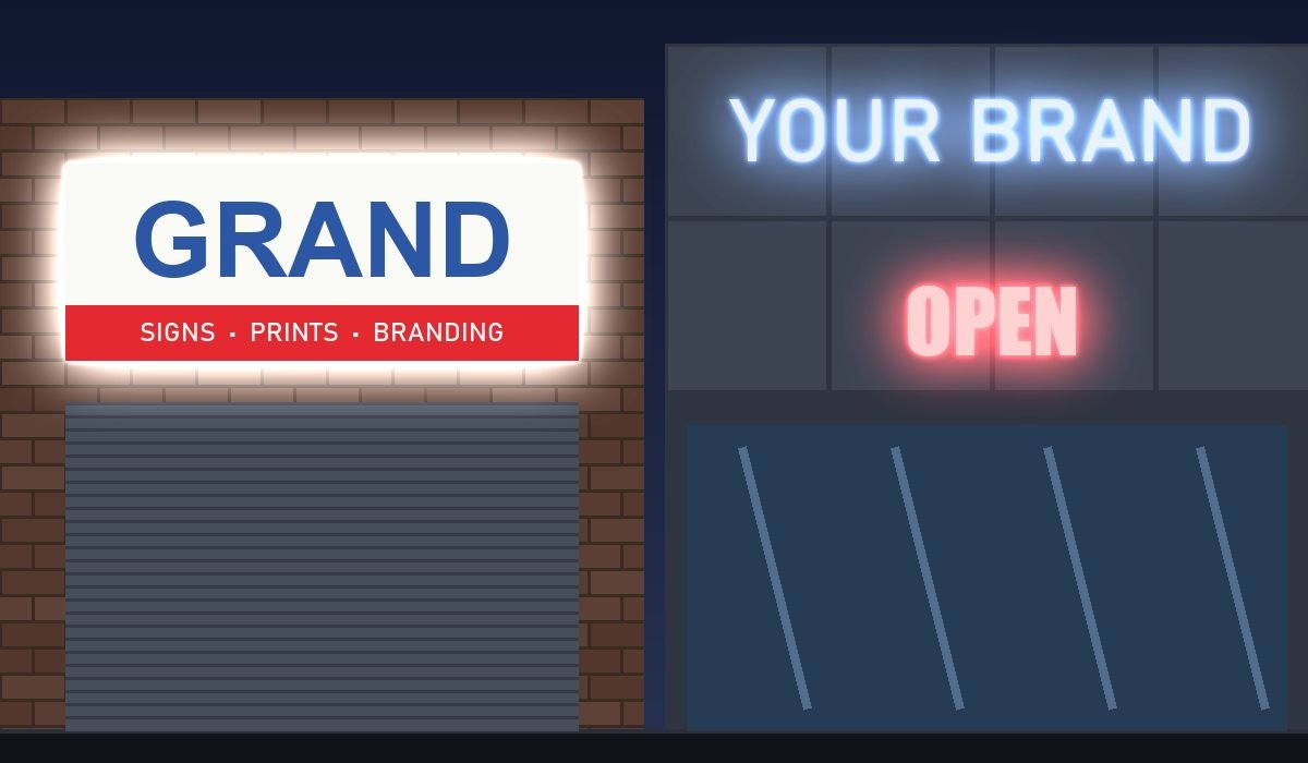 Shopfront at dusk with an illuminated glow sign board, LED lettering and a lit Open sign