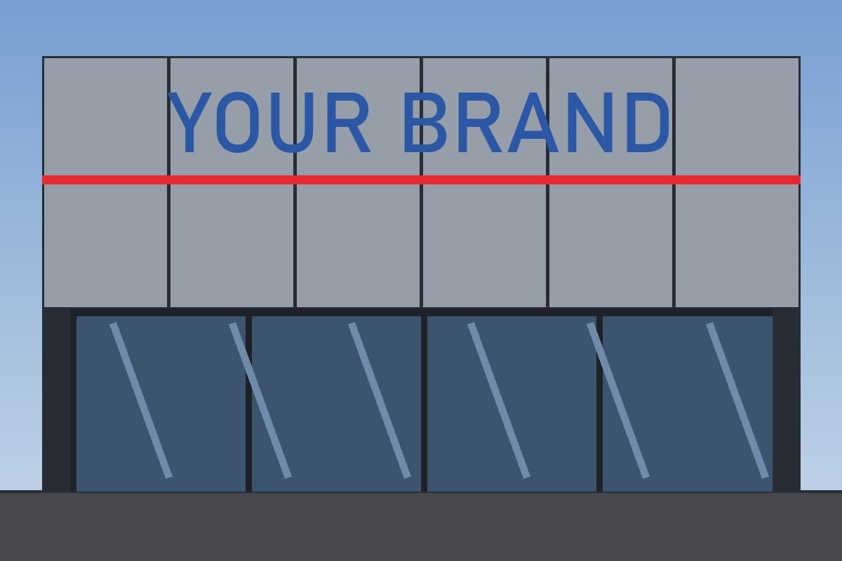 Modern shop facade with aluminium composite panel cladding and brand lettering