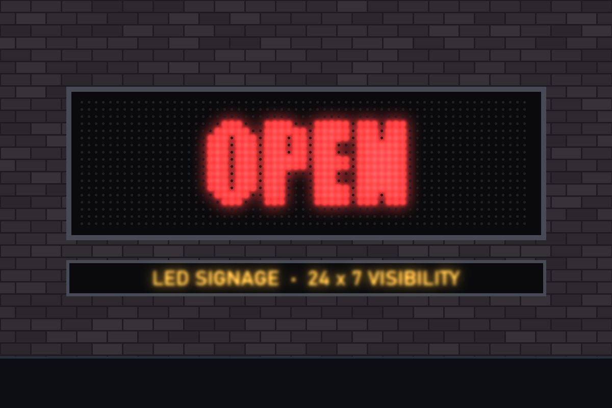 Dark shopfront with a bright red LED dot-matrix sign reading Open