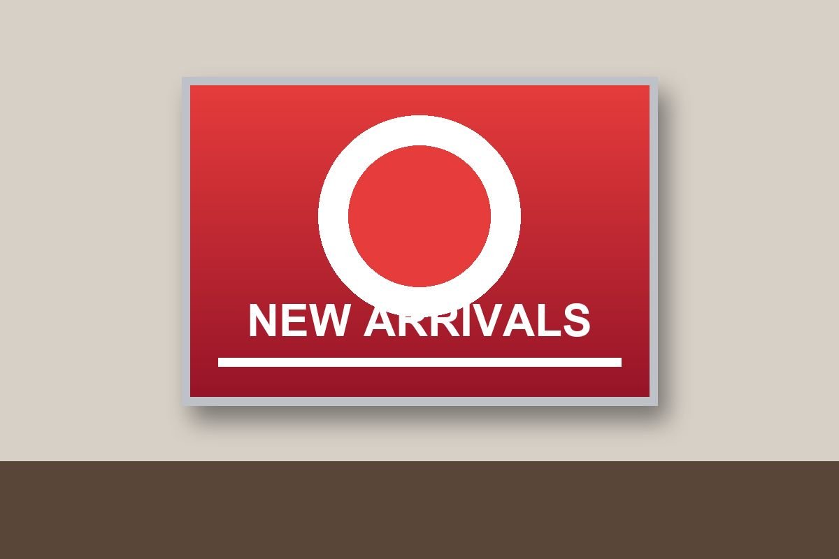 Wall-mounted illuminated light board displaying a new arrivals graphic